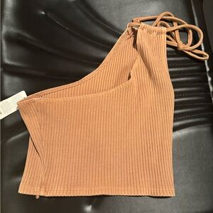 aerie Ribbed One-Shoulder Crop Top in Warm Tan